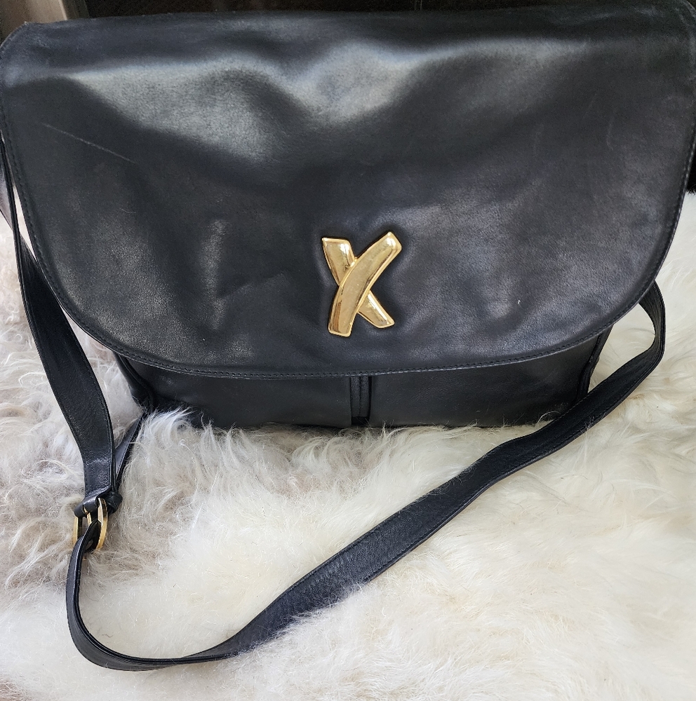 Black Leather Crossbody Bag with Gold Accent
